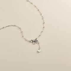 Delicate Bow and Heart Lariat Necklace
